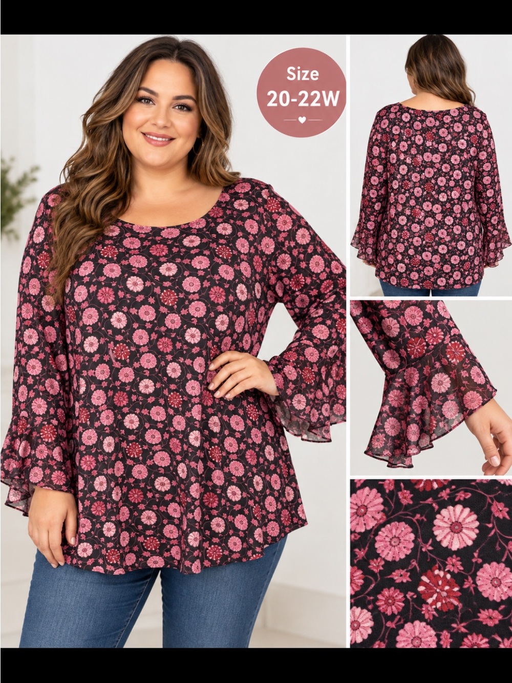 Apostrophe Black Long-Sleeve Top with Pink Floral Medallions